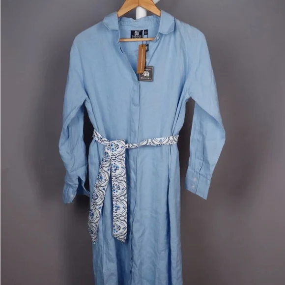 Madison Mathews 100% Linen Light Blue Maxi Shirt Dress with Tie Medium NWT - Picture 1 of 11